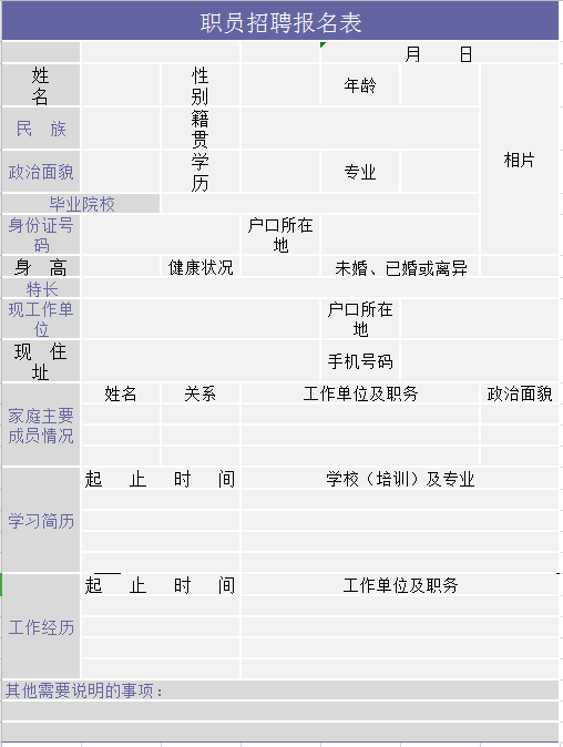 职员招聘报名表excel模板