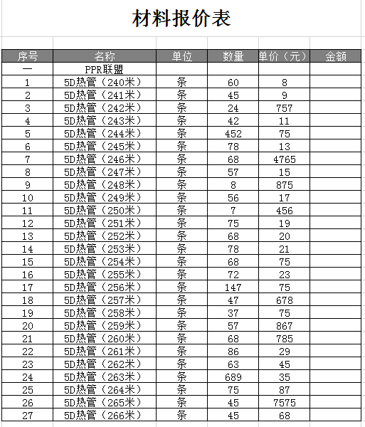 材料报价表excel模板