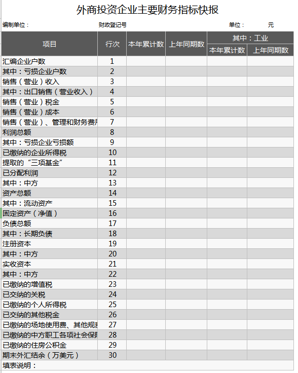 外商投资财务指标表格excel模板