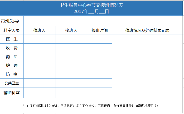 卫生服务中心春节交接班情况表excel模板