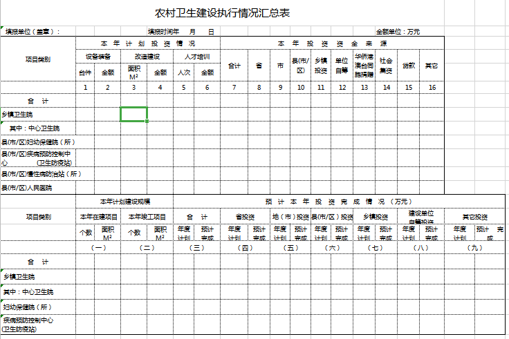 农村卫生建设执行情况汇总表excel模板