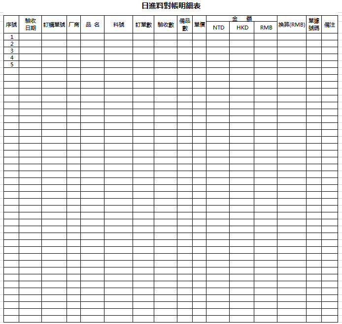 日進料對帳明細表excel模板