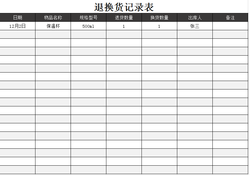 退换货记录表excel模板