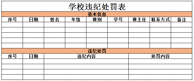 简约学校违纪处罚表excel模板