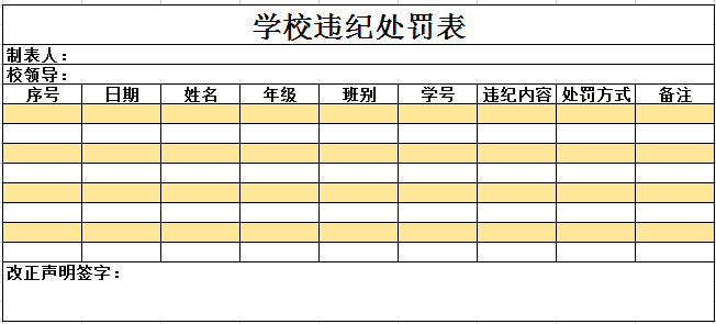 学校违纪处罚表excel模板