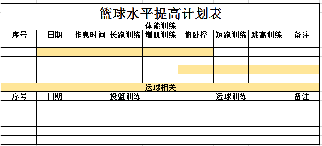 简约篮球水平提高计划表excel模板