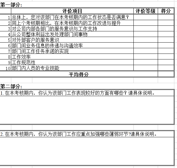 部门季度工作计划评价表excel模板