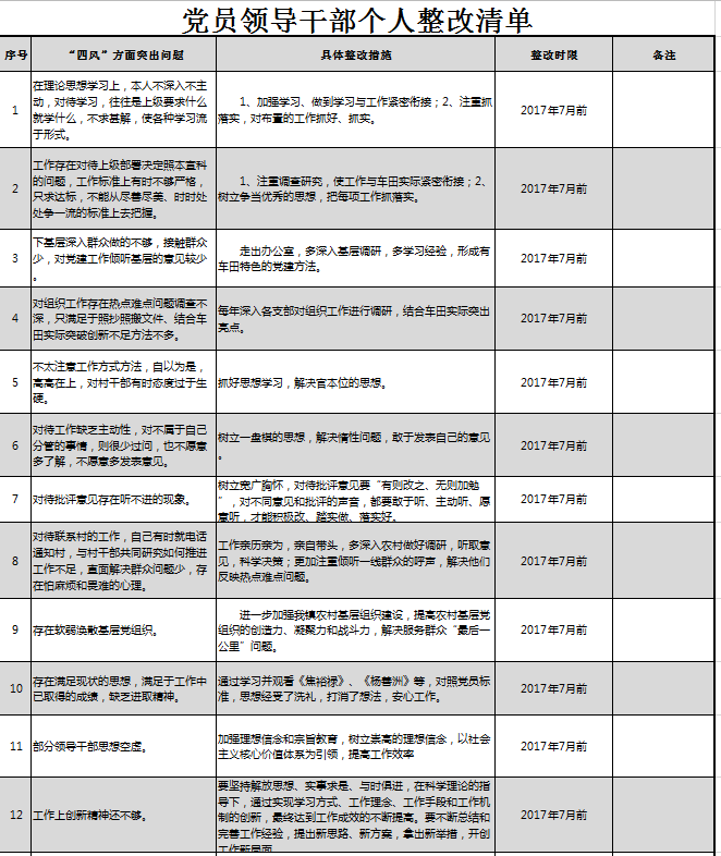 党员领导干部个人整改清单excel模板