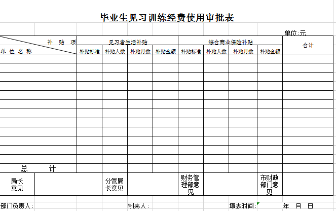 毕业生见习训练经费表excel模板