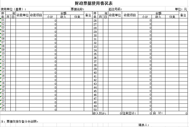 财政票据使用情况表excel模板