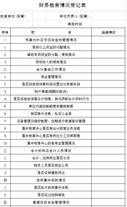 财务检查情况登记表excel模板