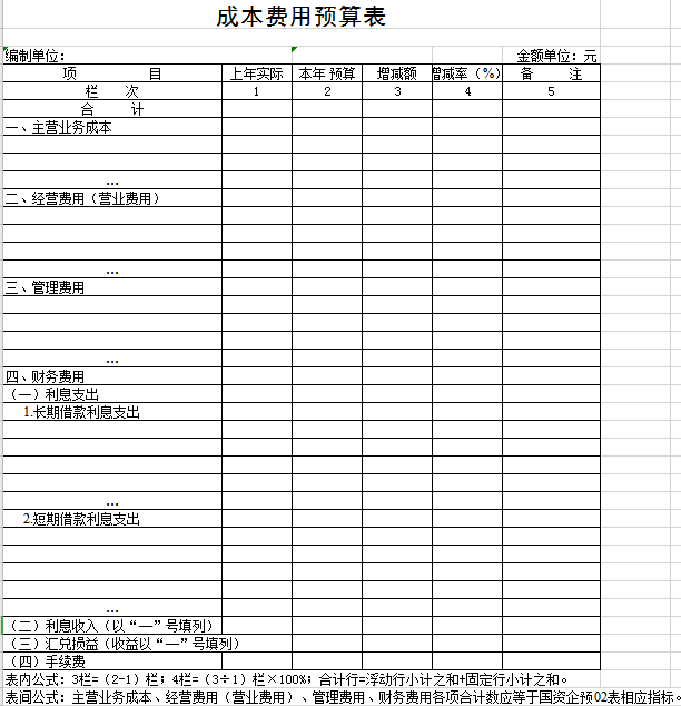 成本费用预算表excel模板