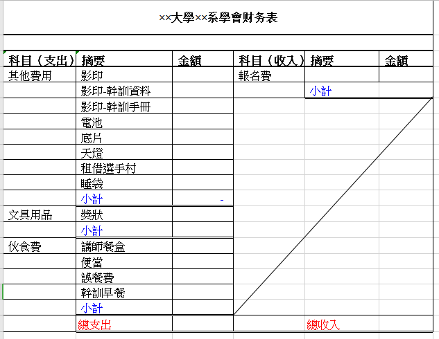 大学学会财务表excel模板