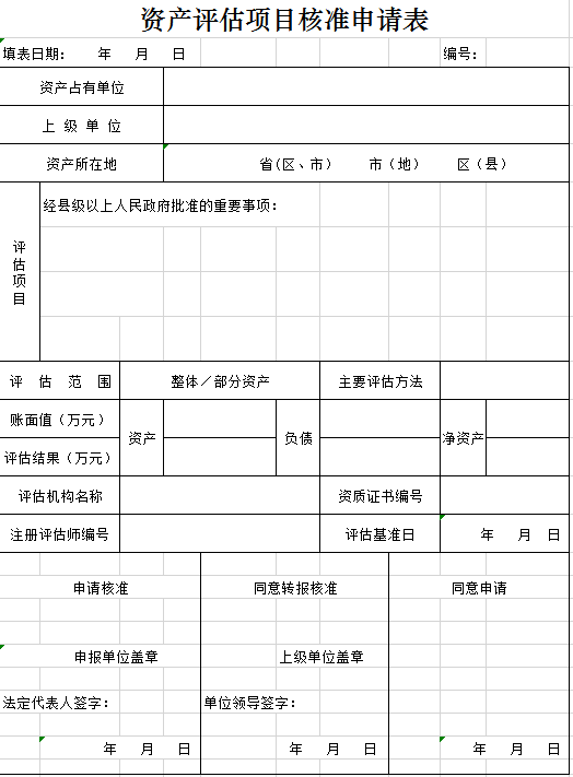 资产评估项目核准申请表excel模板