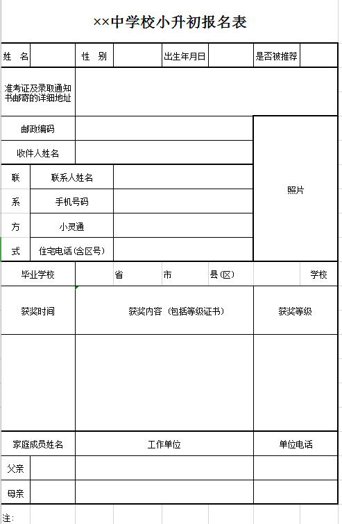 中学校小升初报名表excel模板