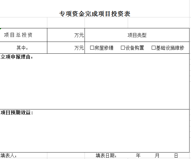 专项资金完成项目投资表excel模板