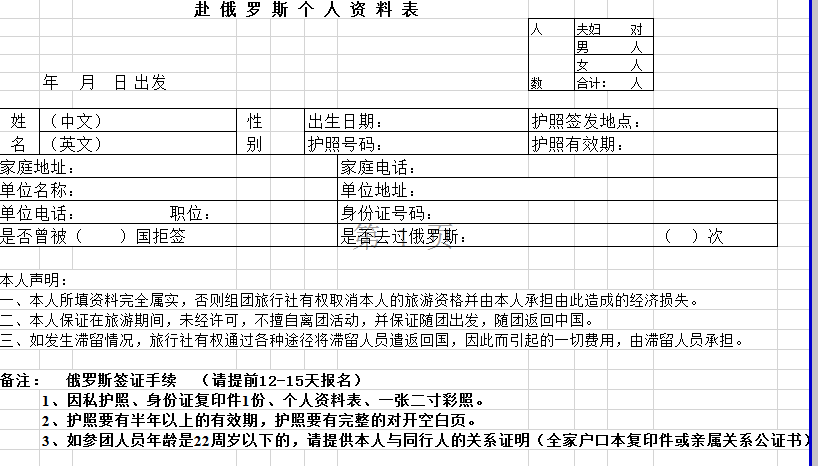 赴俄罗斯个人资料表excel模板