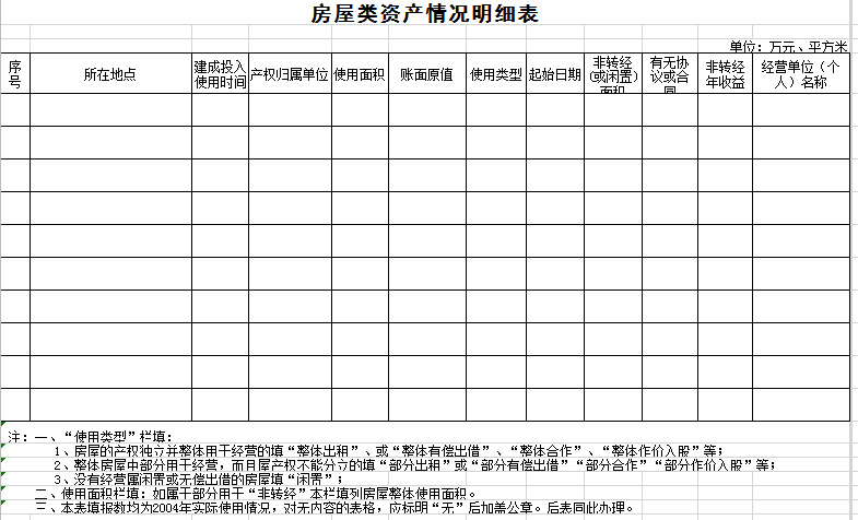 房屋类资产明细表excel模板