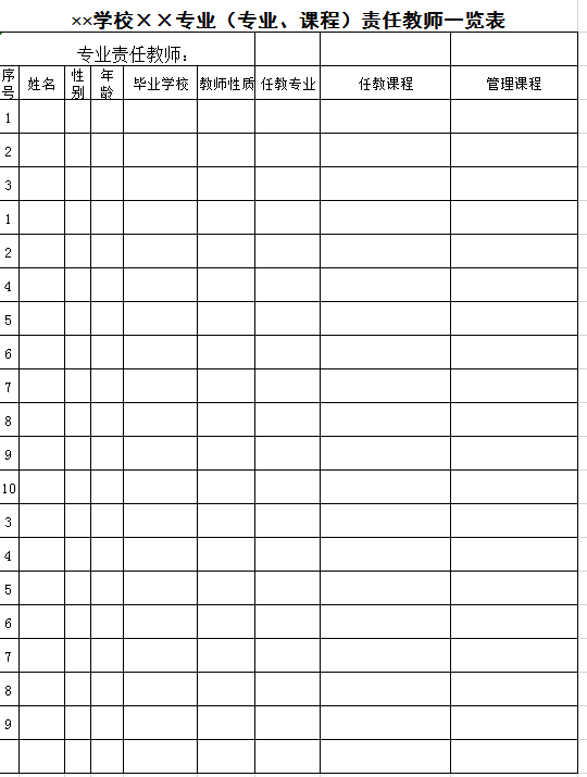 专业责任教师一览表excel模板