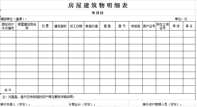 房屋建筑物明细表excel模板