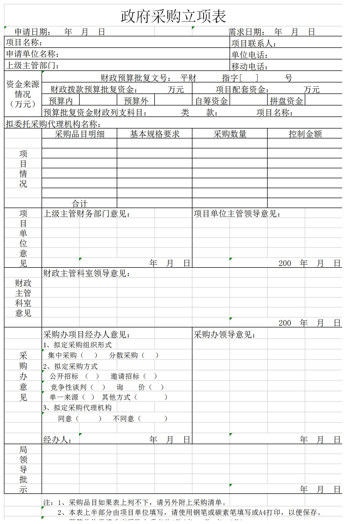 政府采购立项表excel模板