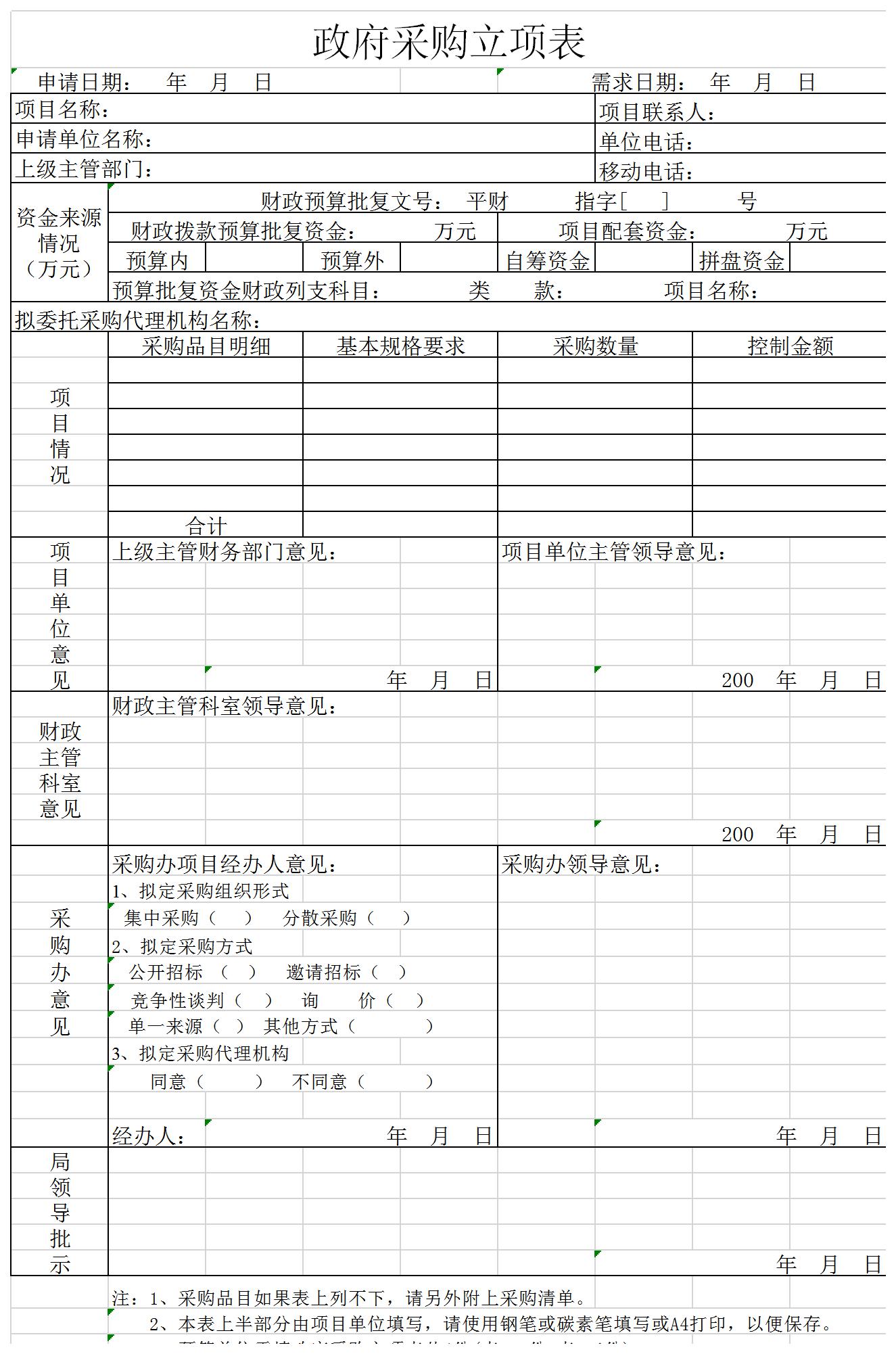 政府采购立项表excel模板