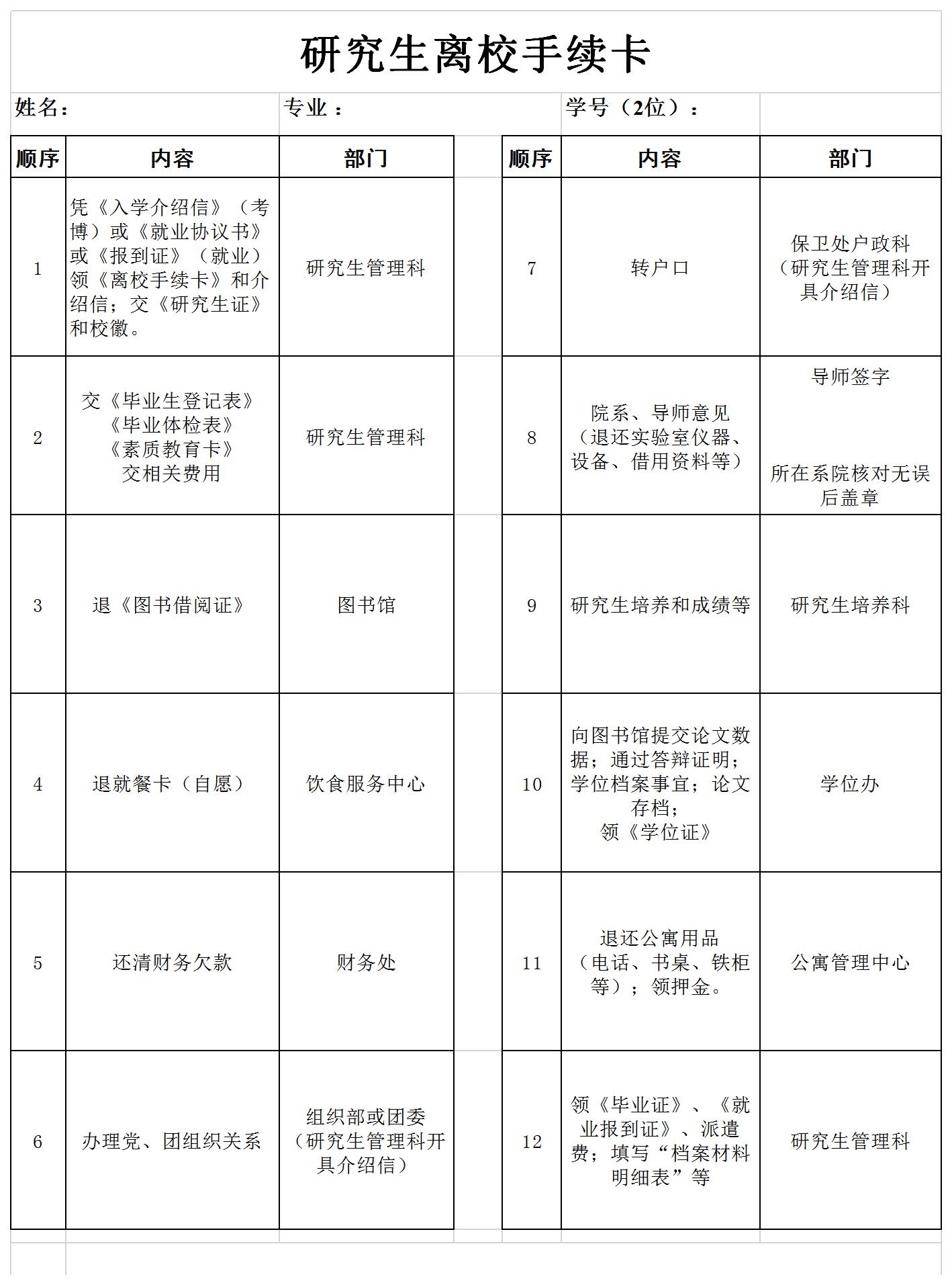 研究生离校手续卡excel模板