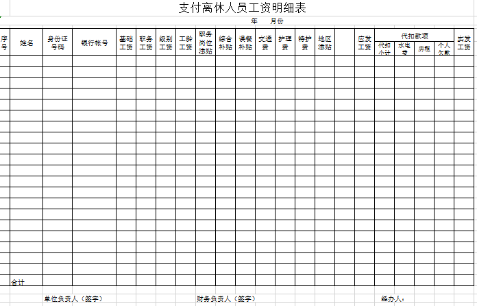 支付离休人员工资明细表excel模板