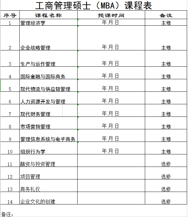 工商管理硕士（MBA）课程表excel模板