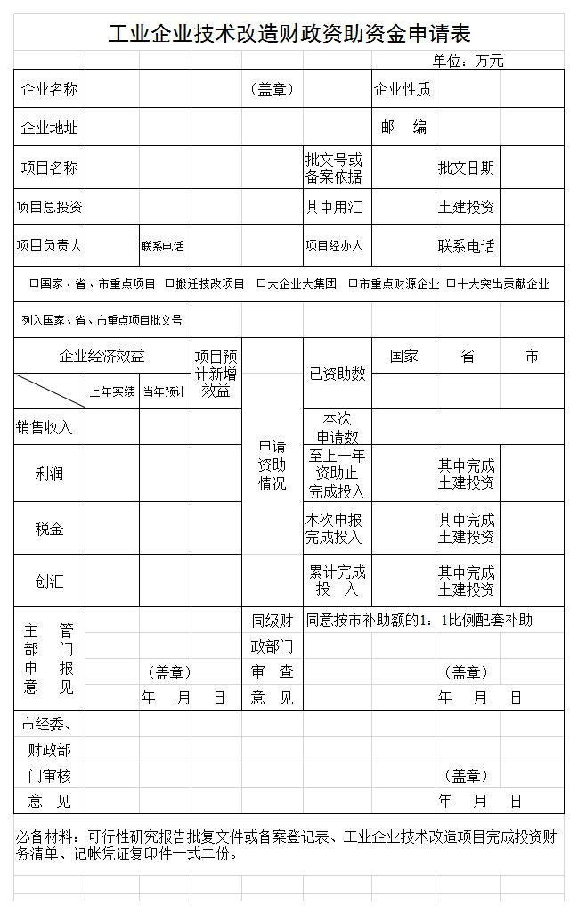 企业技术改造资助资金申请表excel模板