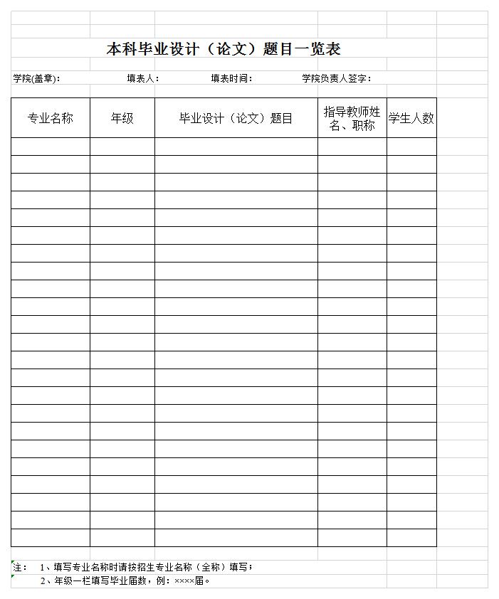 学院本科毕业设计题目表excel模板