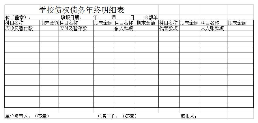 学校债权债务年终明细表excel模板