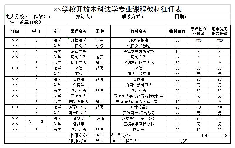 法学专业课程教材征订表excel模板