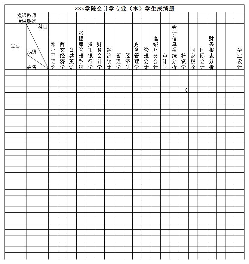 学院会计学专业成绩册excel模板