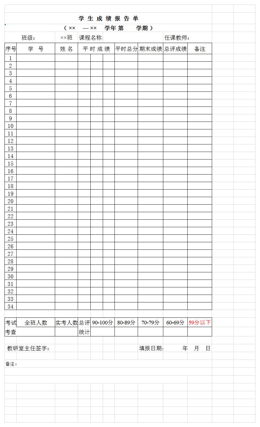 学生成绩报告单excel模板