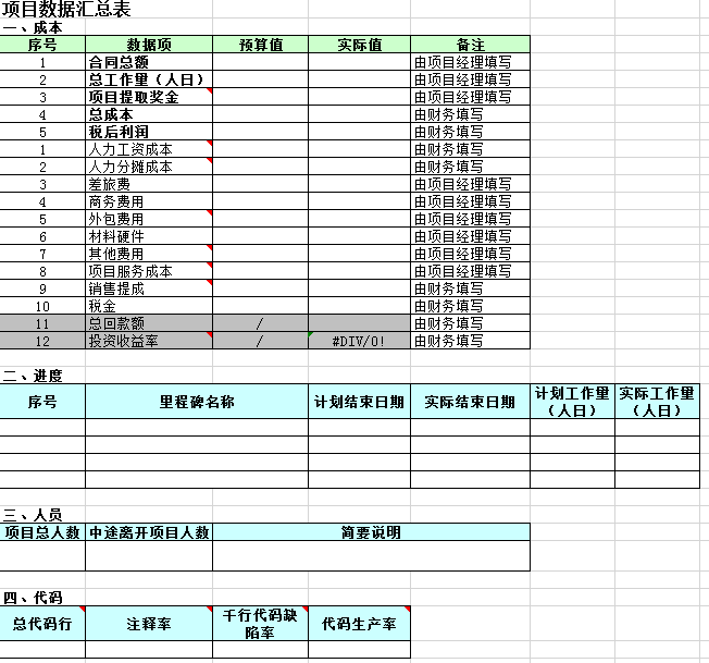 项目数据汇总表excel模板