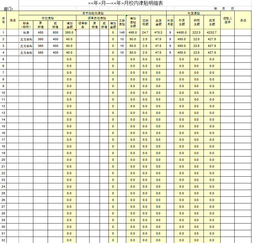 校内津贴明细表excel模板