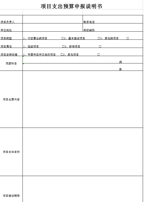 项目支出预算申报说明书excel模板