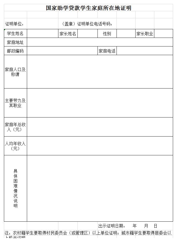 助学贷款学生家庭所在地证明excel模板