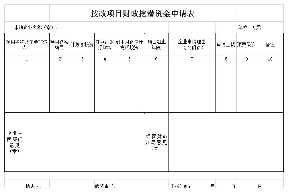 技改项目财政挖潜资金申请表excel模板