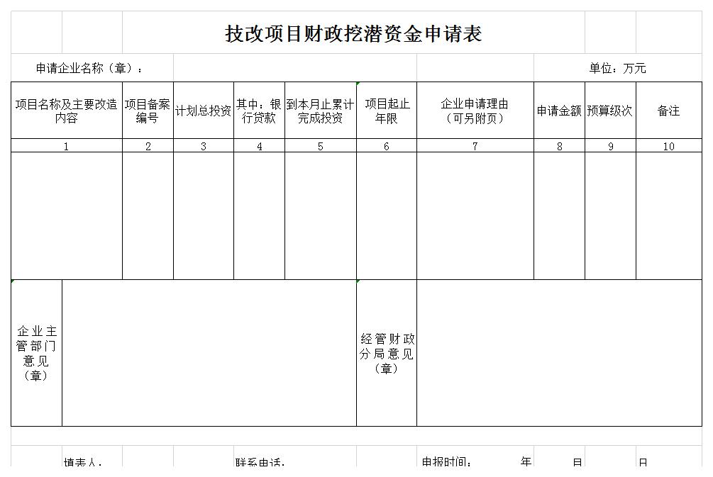 技改项目财政挖潜资金申请表excel模板