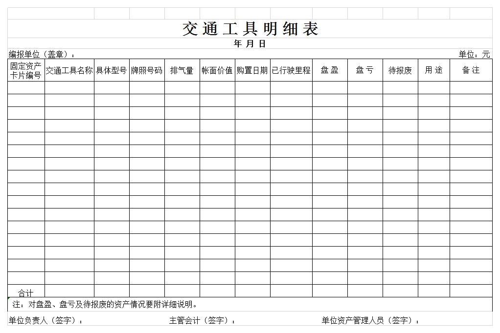 交通工具明细表excel模板