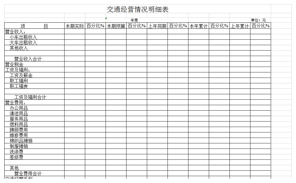 交通经营情况明细表excel模板