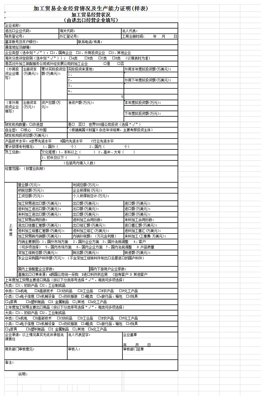 加工贸易经营状况表excel模板