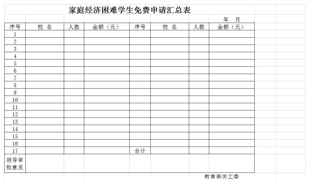 家庭经济困难学生免费申请汇总表excel模板