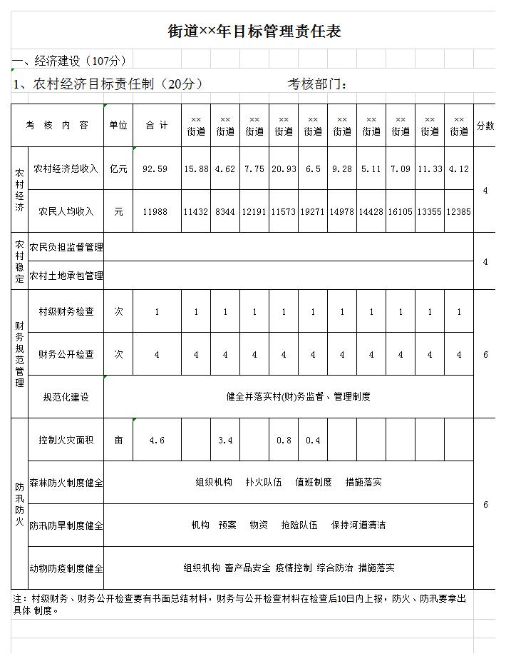 街道年目标管理责任表excel模板