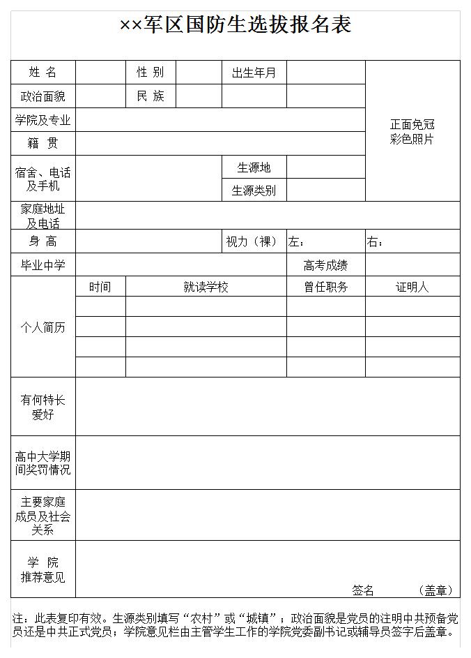 军区国防生选拔报名表excel模板