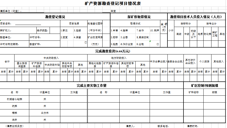 矿产资源勘查登记项目情况表excel模板