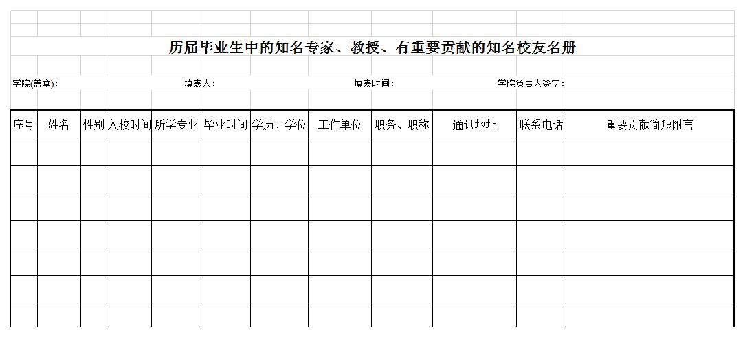 历届知名校友名册excel模板