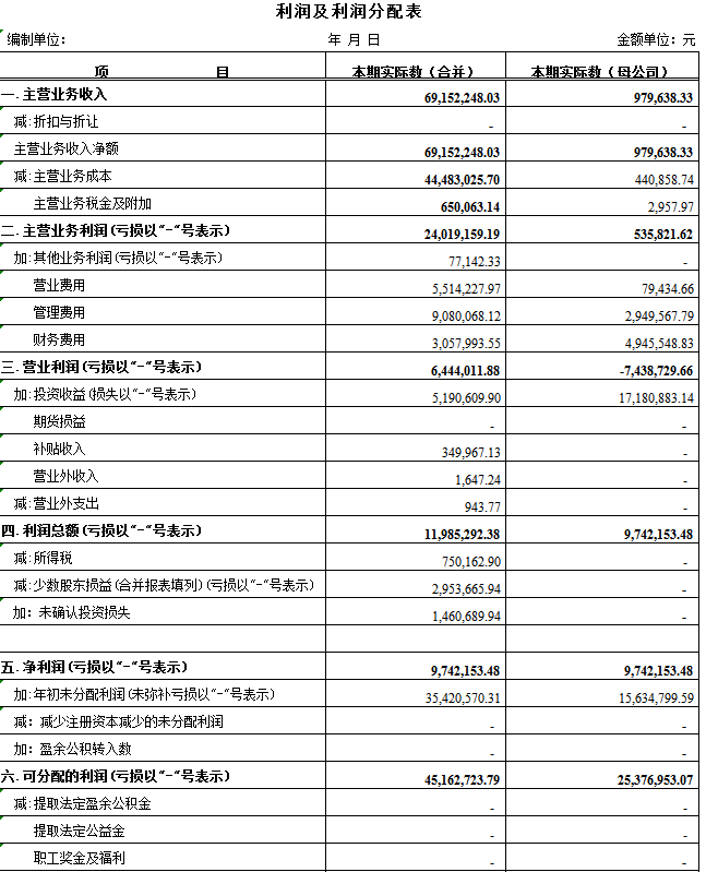 利润及利润分配表excel模板